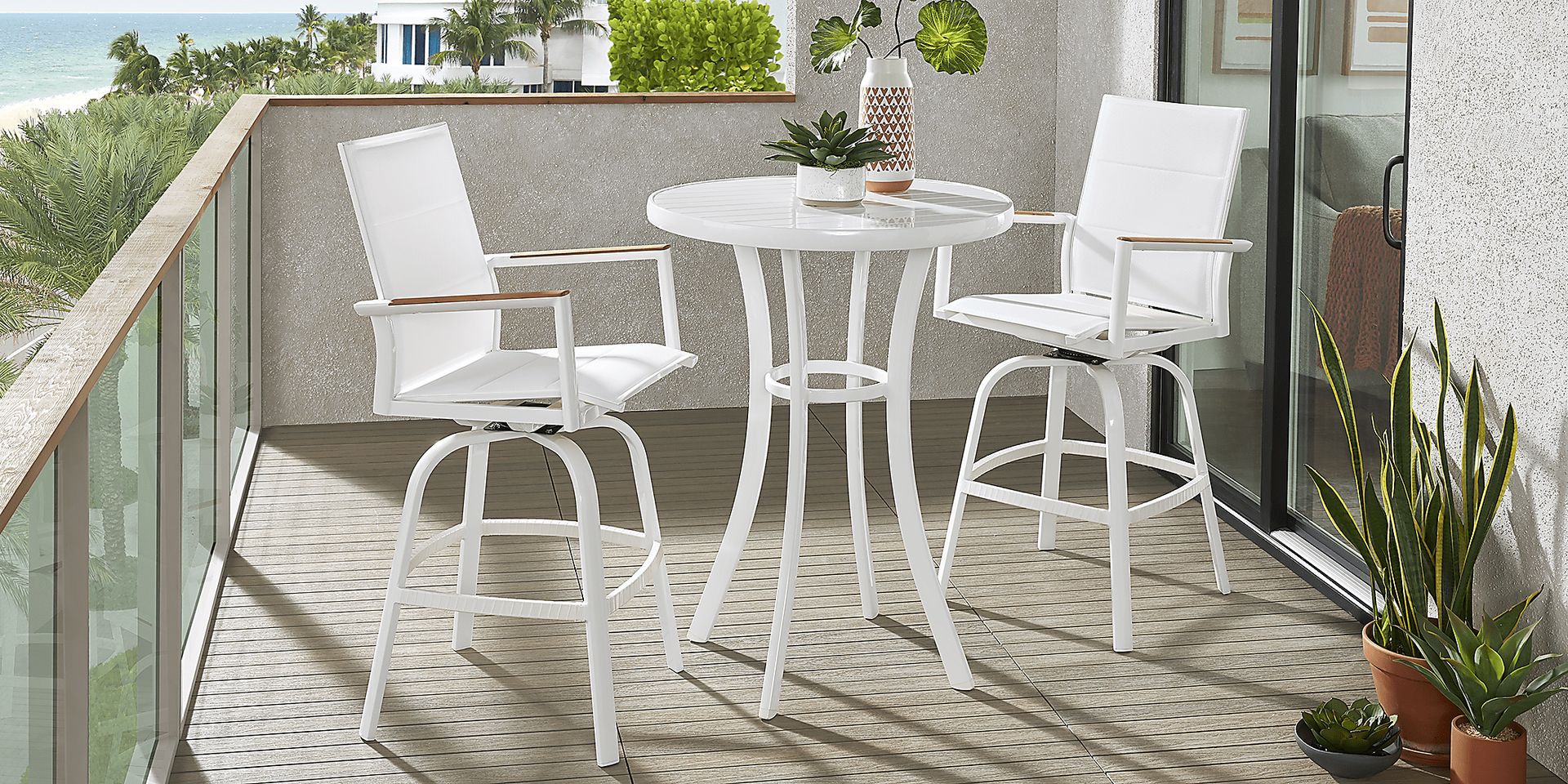 Solana White 3 Pc Outdoor Bar Height Dining Set with Swivel Barstools - Image 1