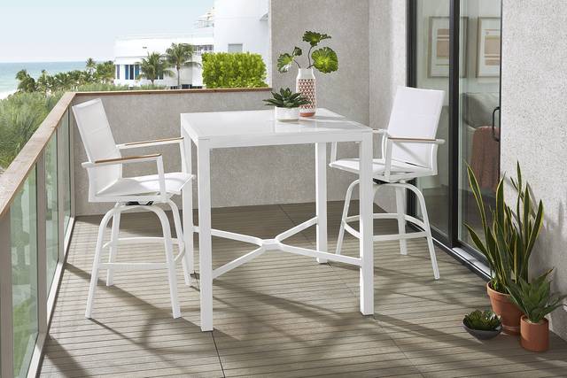 Solana White 3 Pc Outdoor Bar Height Dining Set with Swivel Stools - Thumbnail - Image 1