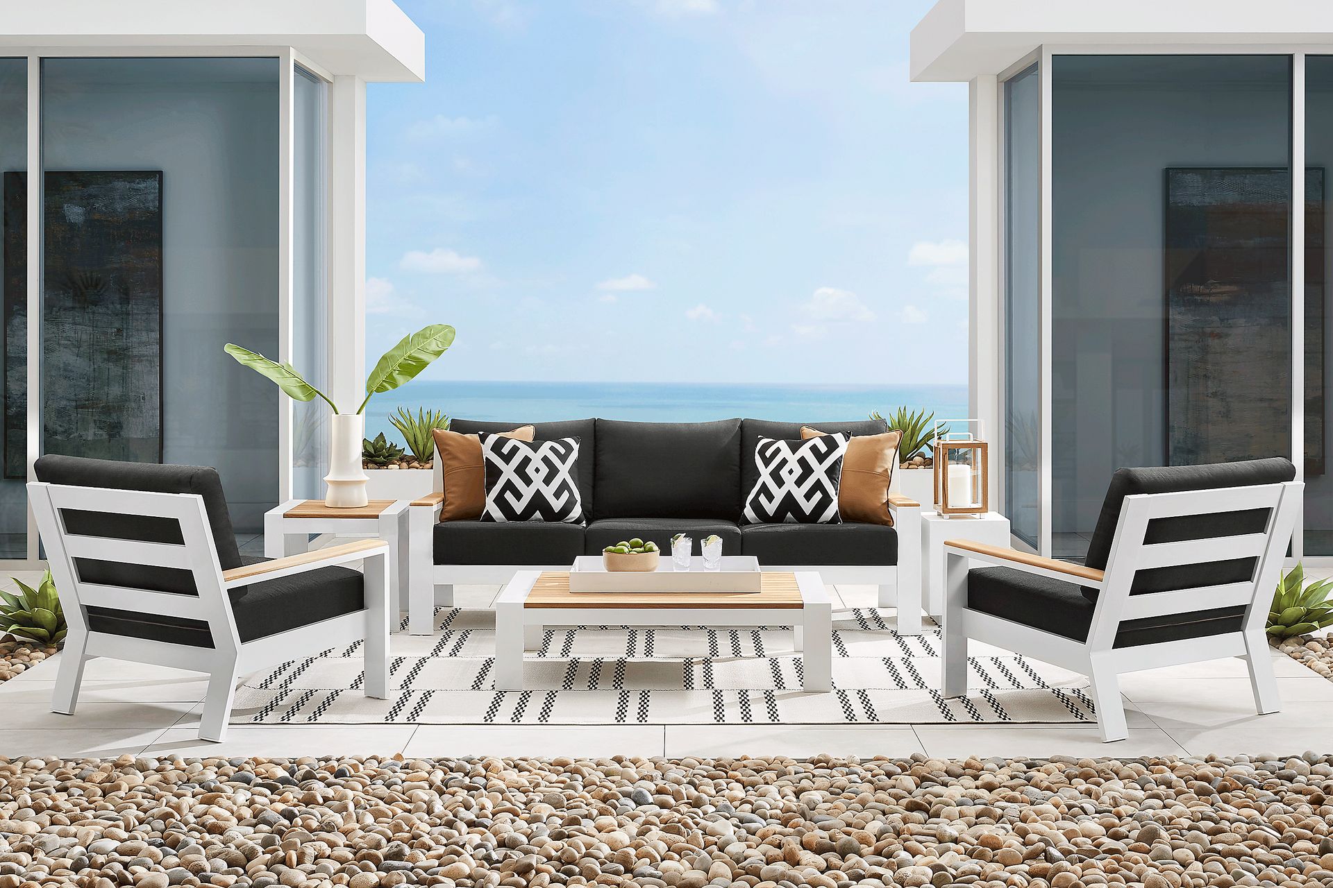 Solana White 3 Pc Outdoor Seating Set with Charcoal Cushions - Image 1
