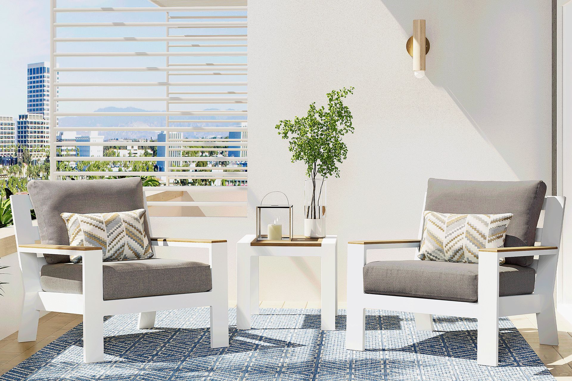 Solana White 3 Pc Outdoor Seating Set with Mushroom Cushions - Image 1