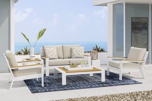 Solana White 4 Pc Outdoor Loveseat Seating Set With Bisque Cushions - Thumbnail - Image 1