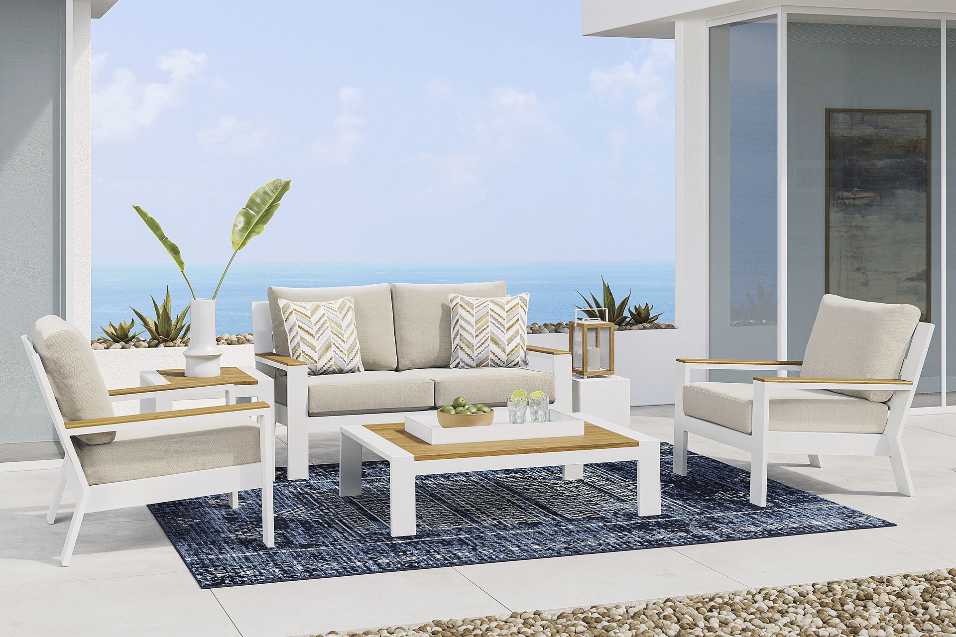 Solana White 4 Pc Outdoor Loveseat Seating Set With Bisque Cushions - Image 1