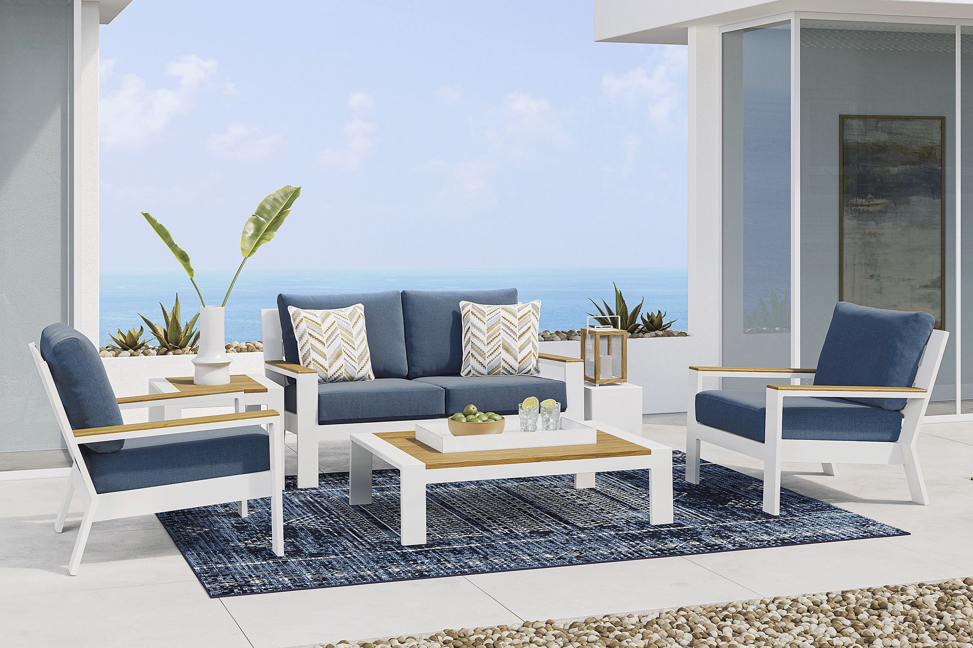 Solana White 4 Pc Outdoor Loveseat Seating Set With Blueberry Cushions - Image 1