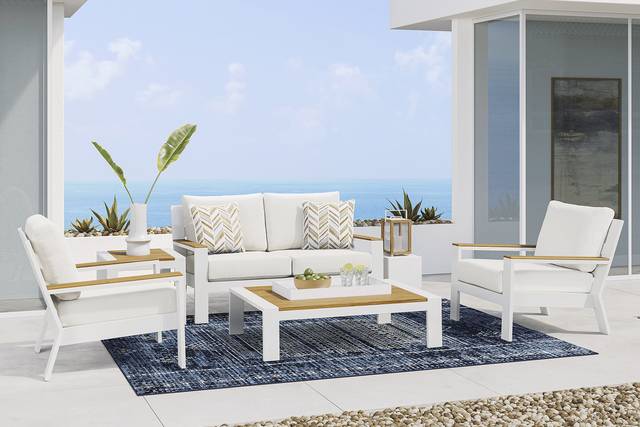 Solana White 4 Pc Outdoor Loveseat Seating Set With Natural Cushions - Thumbnail - Image 1