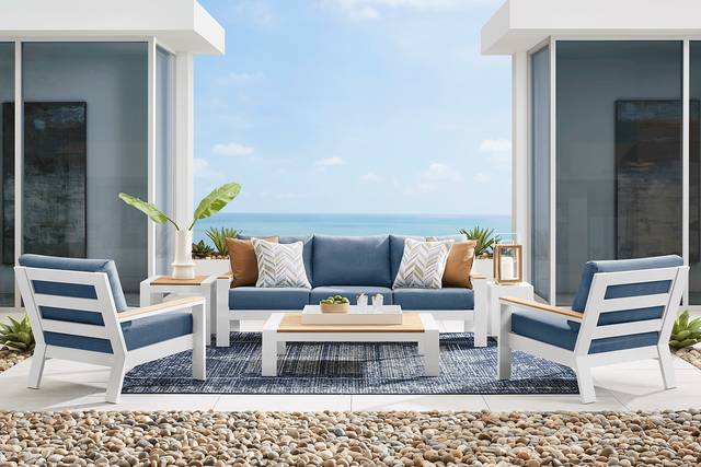 Solana White Outdoor Sofa with Blueberry Cushions - Thumbnail - Image 2