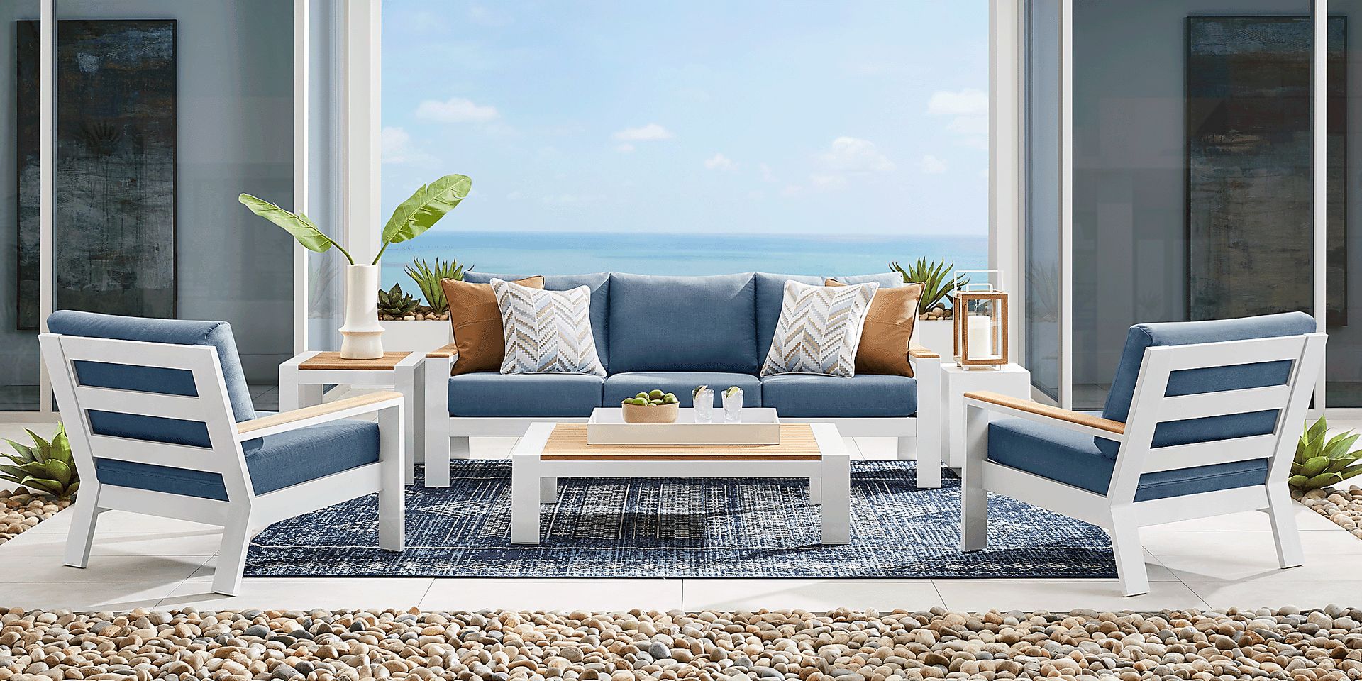 Solana White Outdoor Sofa with Blueberry Cushions - Image 2