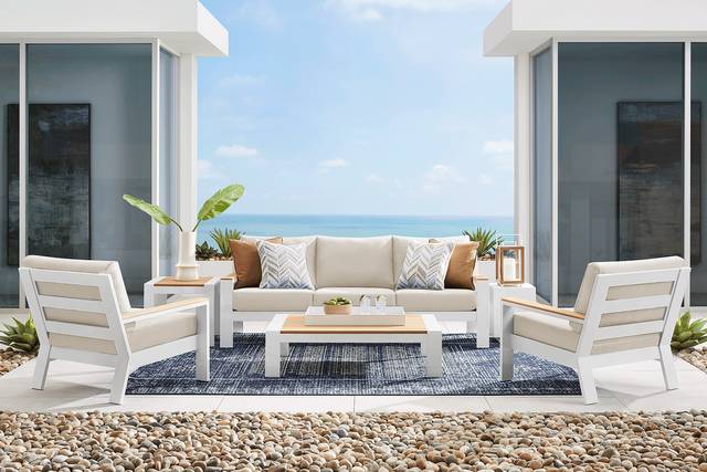 Solana White 4 Pc Outdoor Sofa Seating Set With Buff Cushions - Thumbnail - Image 1