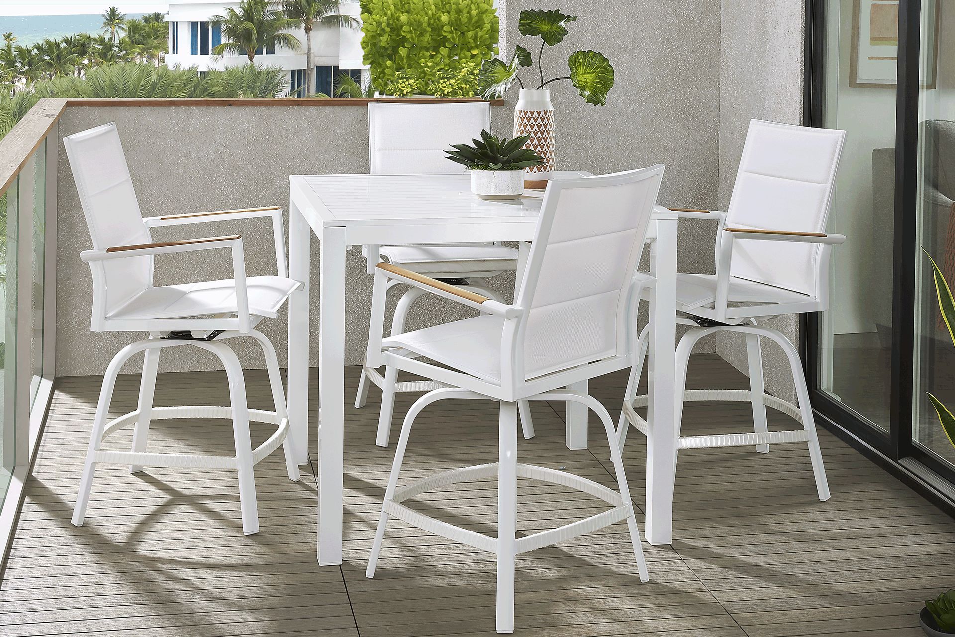 Solana White 5 Pc Outdoor Balcony Dining Set with Swivel Stools - Image 1