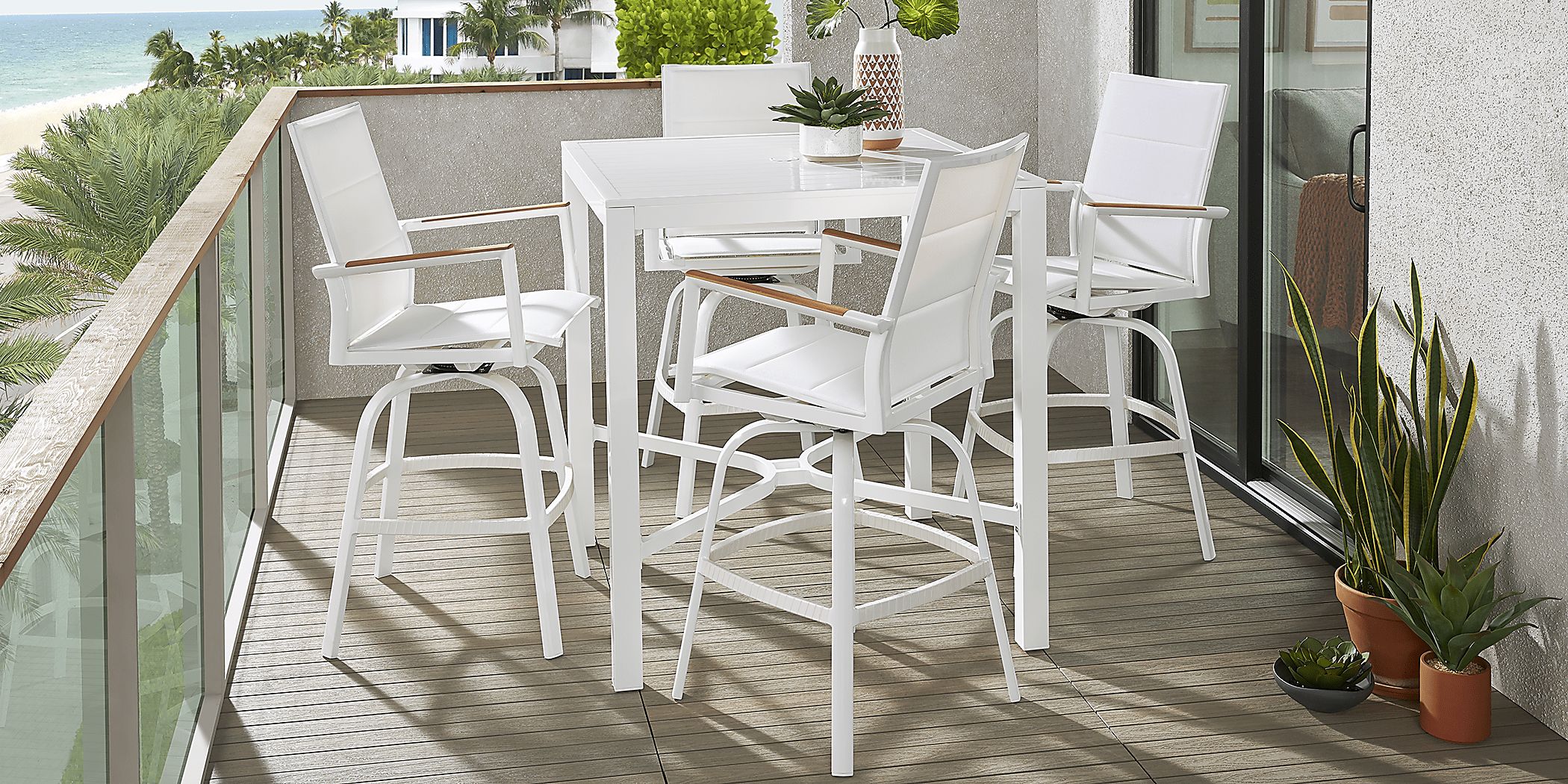 Solana White 5 Pc Outdoor Bar Height Dining Set with Swivel Barstools