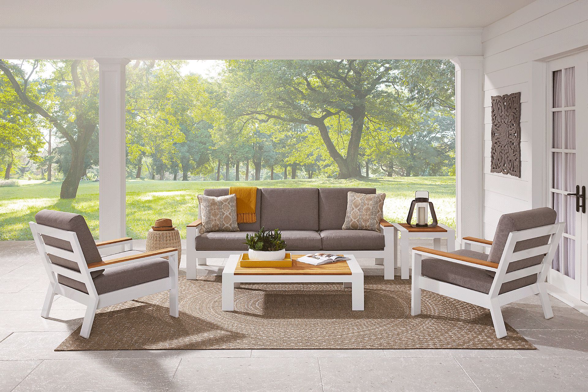 Solana White 6 Pc Outdoor Seating Set with Gray Cushions - Image 1