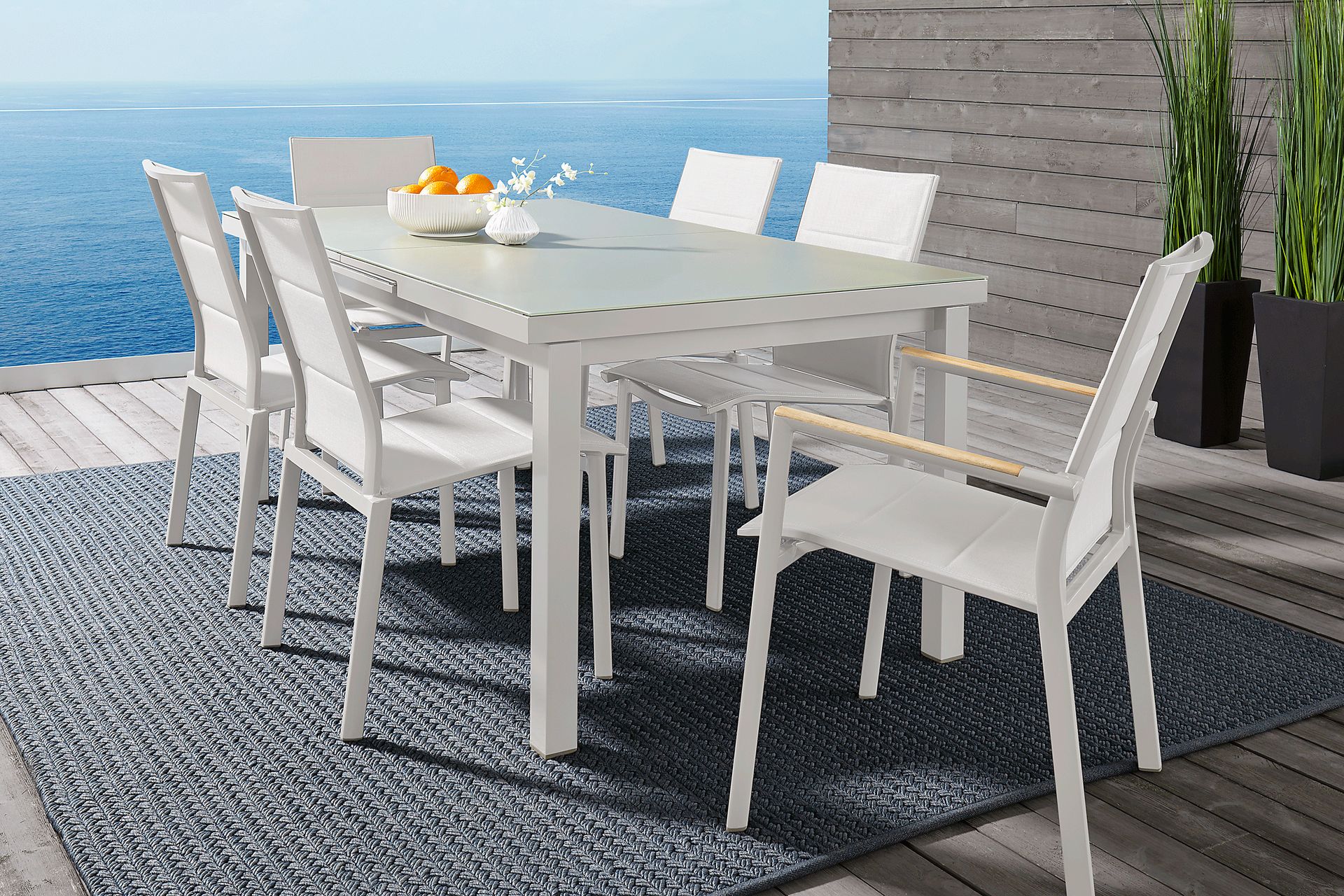 Solana White 7 Pc 71-94 in. Rectangle Outdoor Dining Set - Image 1