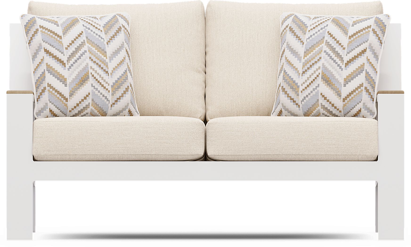 Solana White Outdoor Loveseat with Bisque Cushions