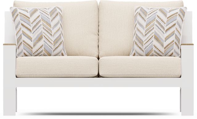 Solana White Outdoor Loveseat with Bisque Cushions