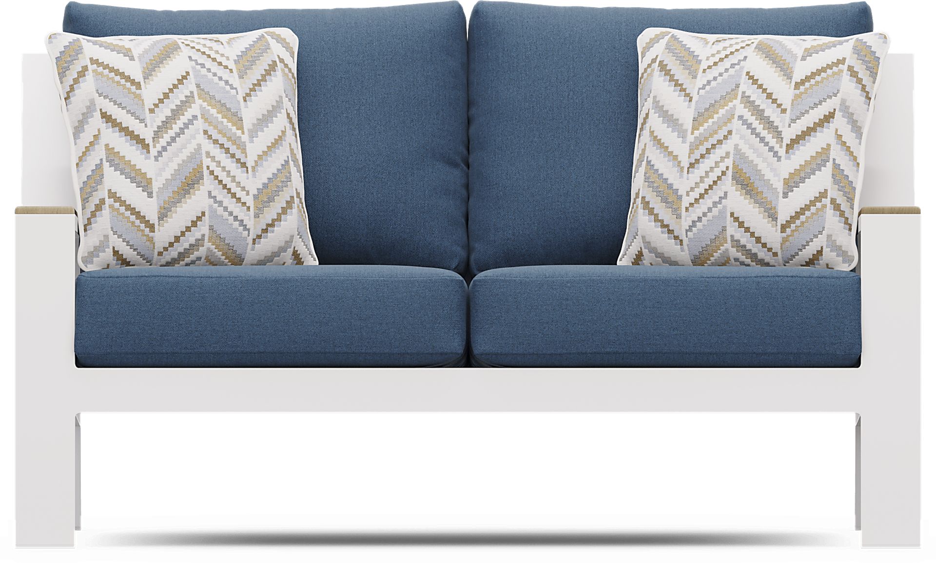 Solana White Outdoor Loveseat with Blueberry Cushions - Image 1