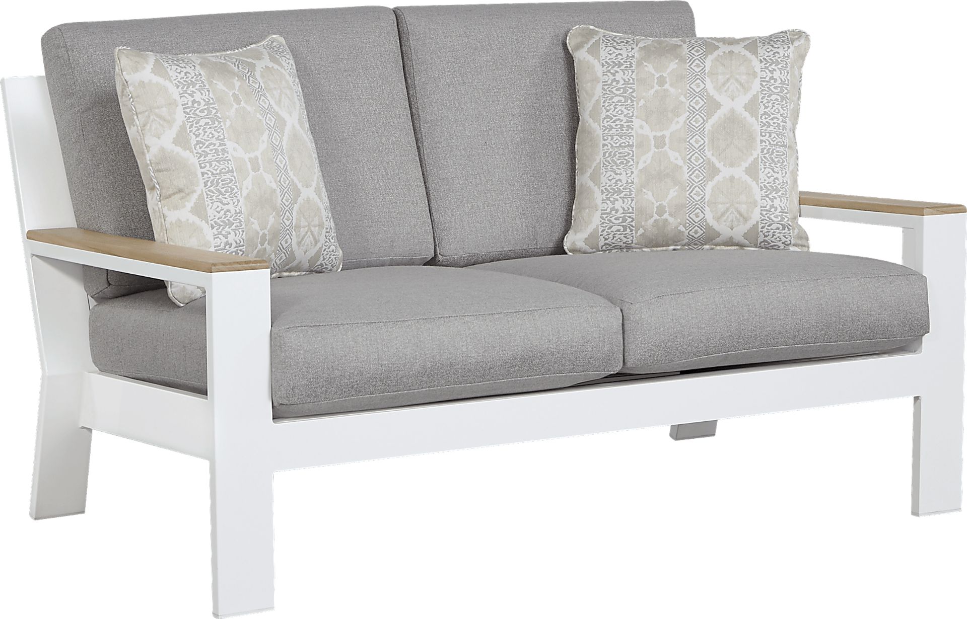 Solana White Outdoor Loveseat with Gray Cushions - Image 1