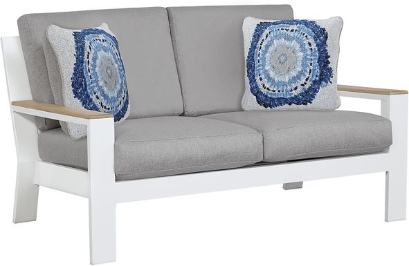 Solana White Outdoor Loveseat with Gray Cushions
