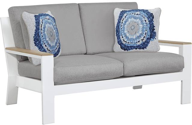 Solana White Outdoor Loveseat with Gray Cushions - Thumbnail - Image 1