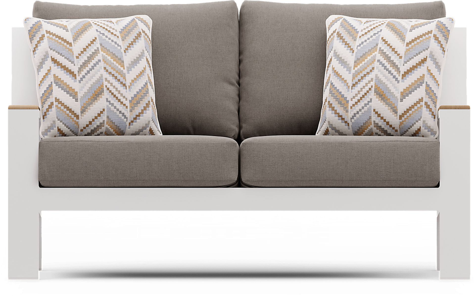 Solana White Outdoor Loveseat with Mushroom Cushions - Image 1