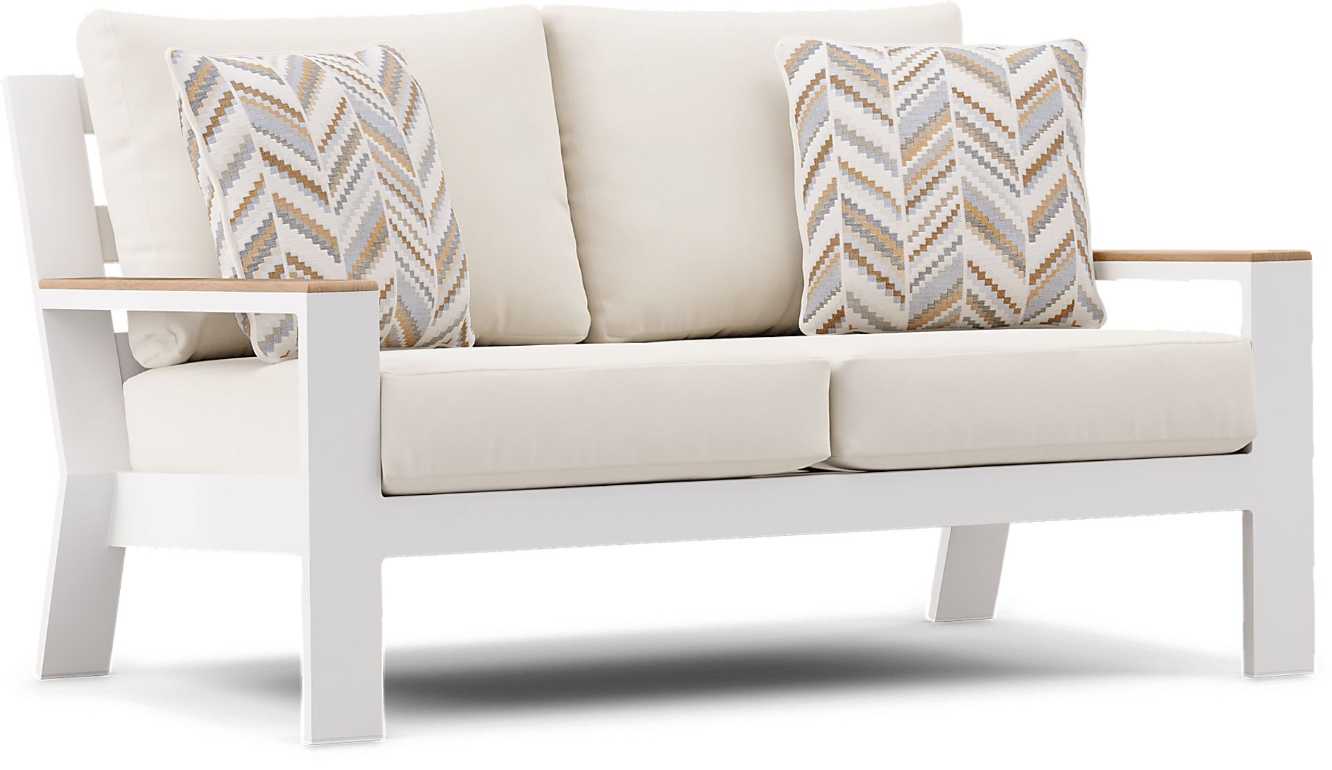 Solana White Outdoor Loveseat with Natural Cushions - Image 2