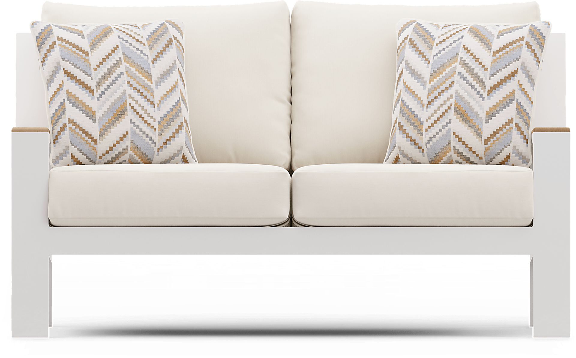 Solana White Outdoor Loveseat with Natural Cushions - Image 1