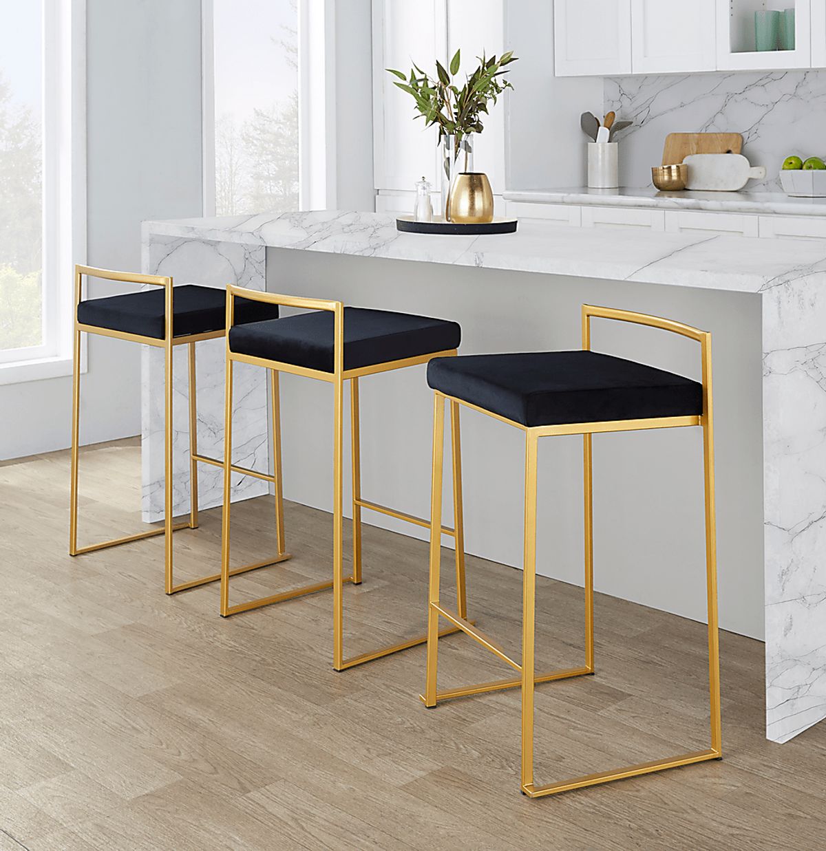 Sora VII Gold Colors,Metal Black Velvet Plush Counter Height Stool, Set ...