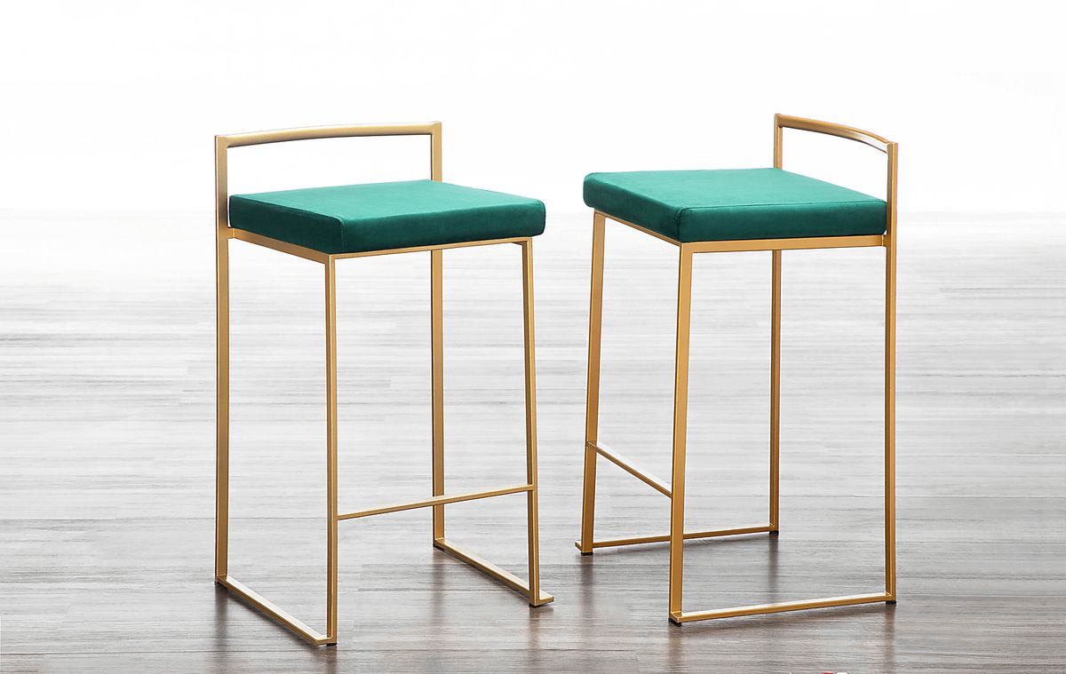 Sora VII Gold Colors,Metal Green Velvet Plush Counter Height Stool, Set ...