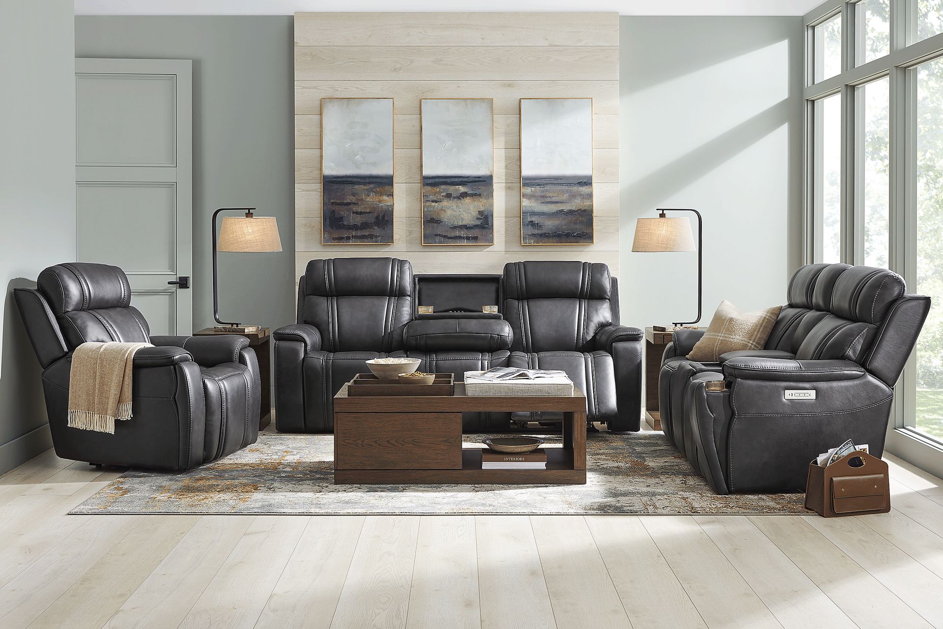 Sound Tech by Shaq Black Leather 3 Pc Triple Power Reclining Living Room with Audio - Image 1