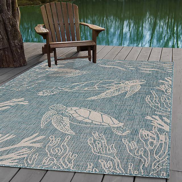 Soweyn Aqua/White 5'3 x 7' Indoor/Outdoor Rug - Thumbnail - Image 2