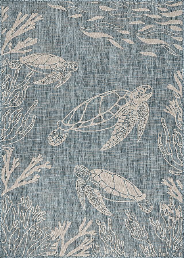 Soweyn Aqua/White 5'3 x 7' Indoor/Outdoor Rug - Thumbnail - Image 1