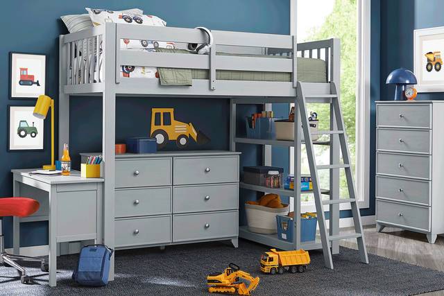 Kids Springtown Gray Wash Twin Loft Bed with Desk & Bookcase - Thumbnail - Image 1
