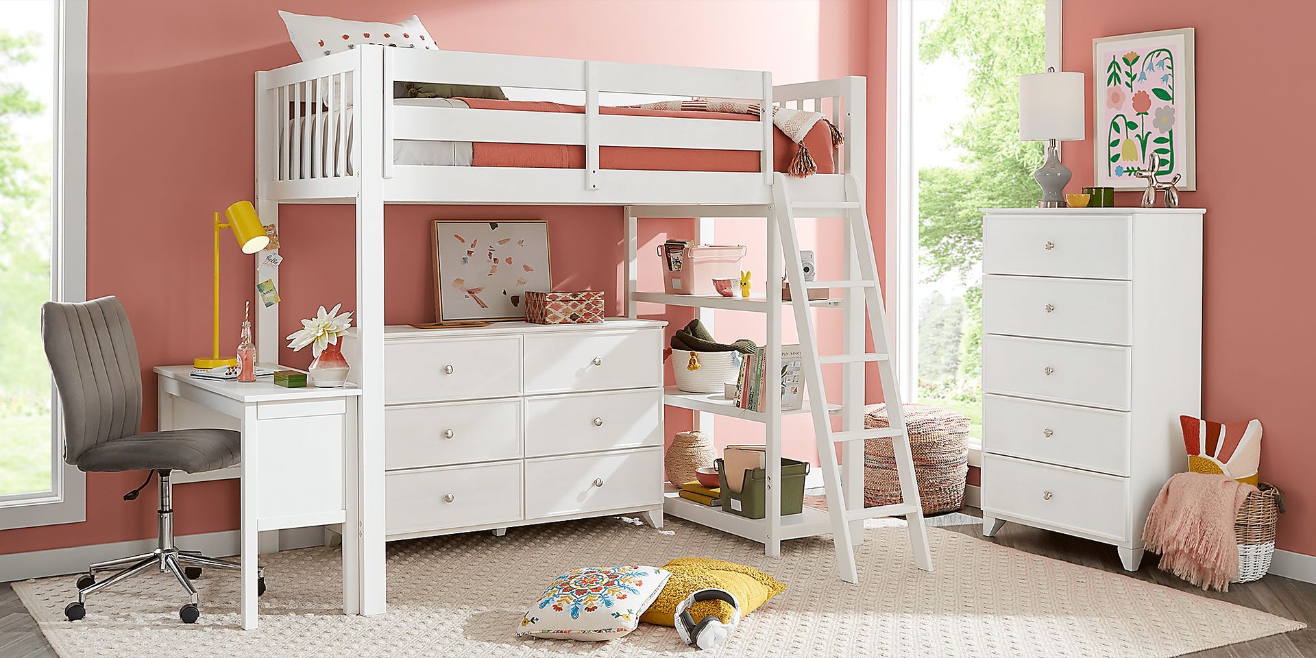 るーむ　room Springtown 5 Pc White Wash Bunk Bed Set With Dresser, 4 Pc