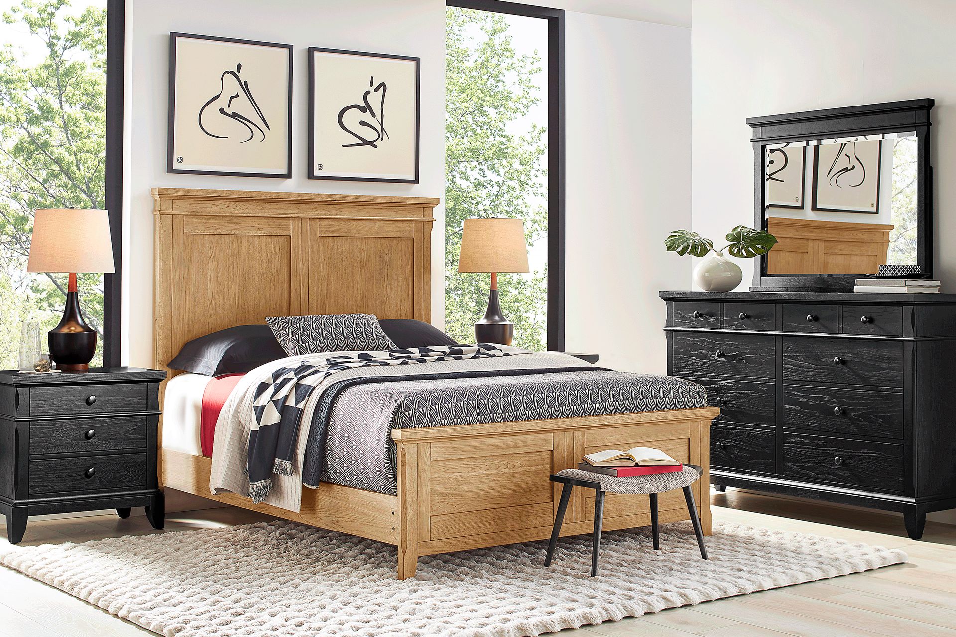 Springville Black 5 Pc Queen Bedroom with Natural Panel Bed - Image 1
