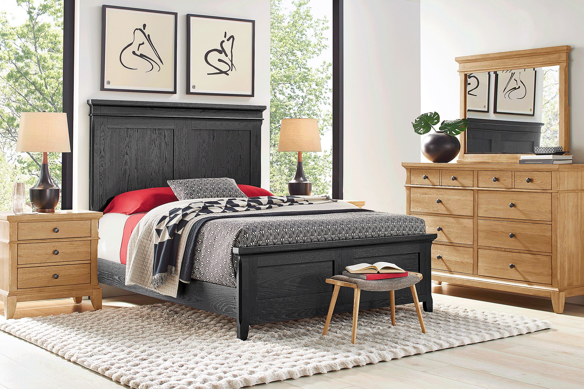 Springville Natural 5 Pc Queen Bedroom with Black Panel Bed - Image 1