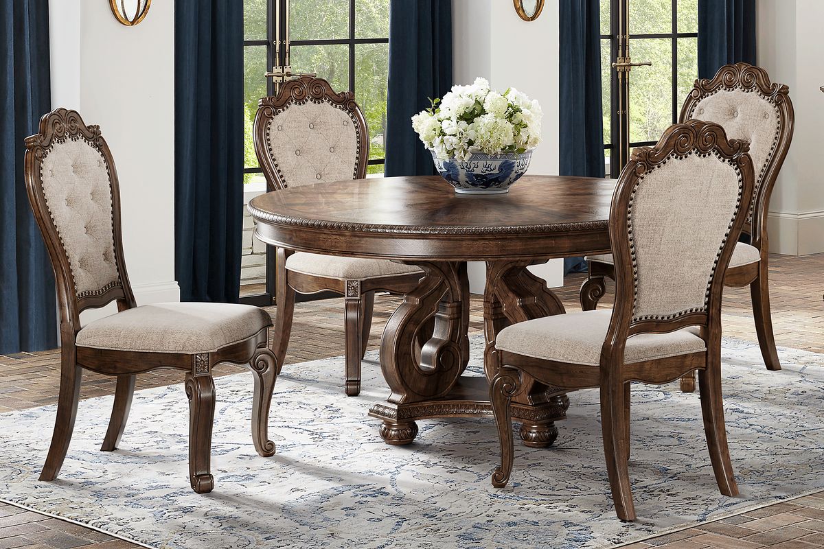 Stalton Estate 5 Pc Brown Dark Wood White Polyester Fabric Dining Room ...