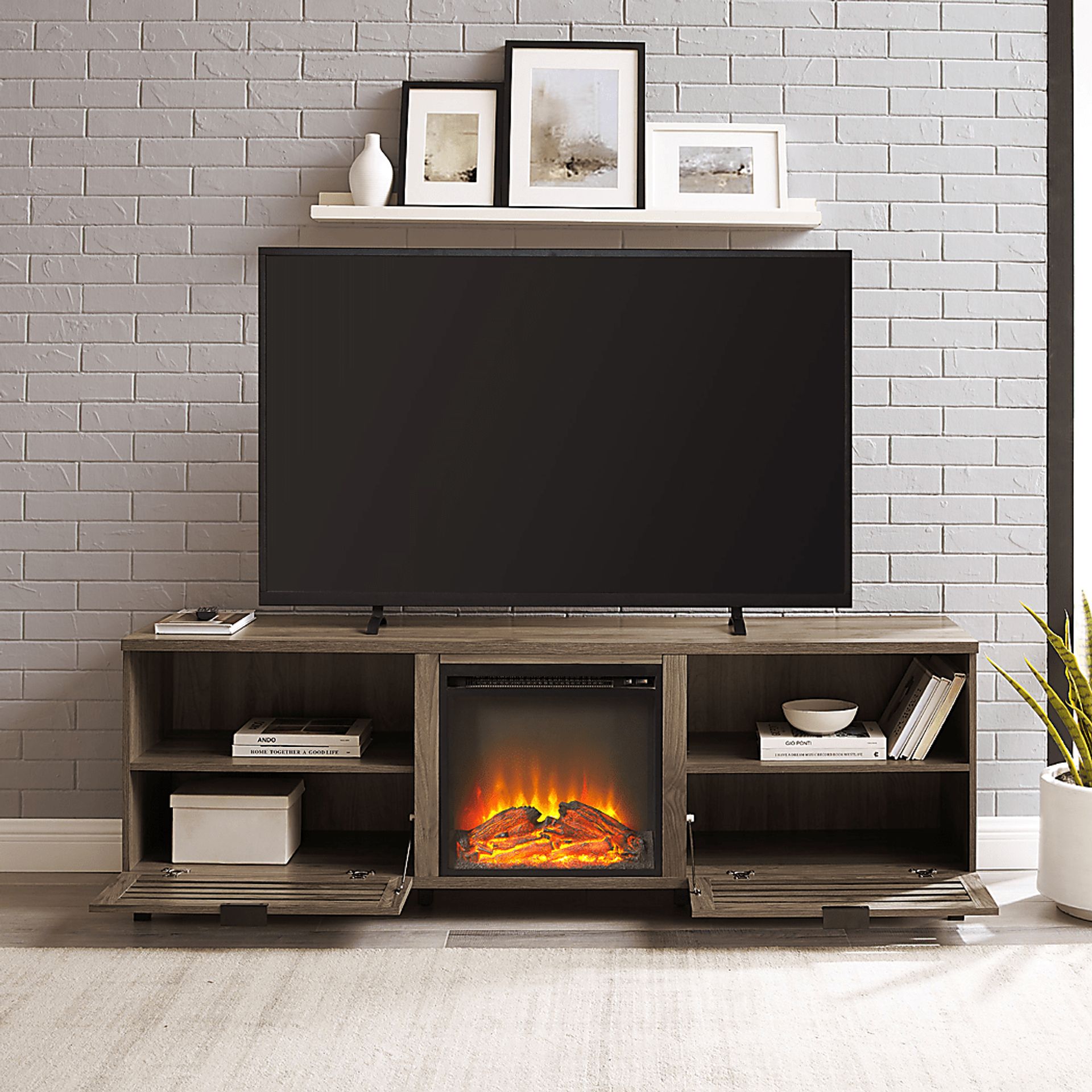 Stanfort Gray 70 in. Console, With Electric Fireplace - Image 2