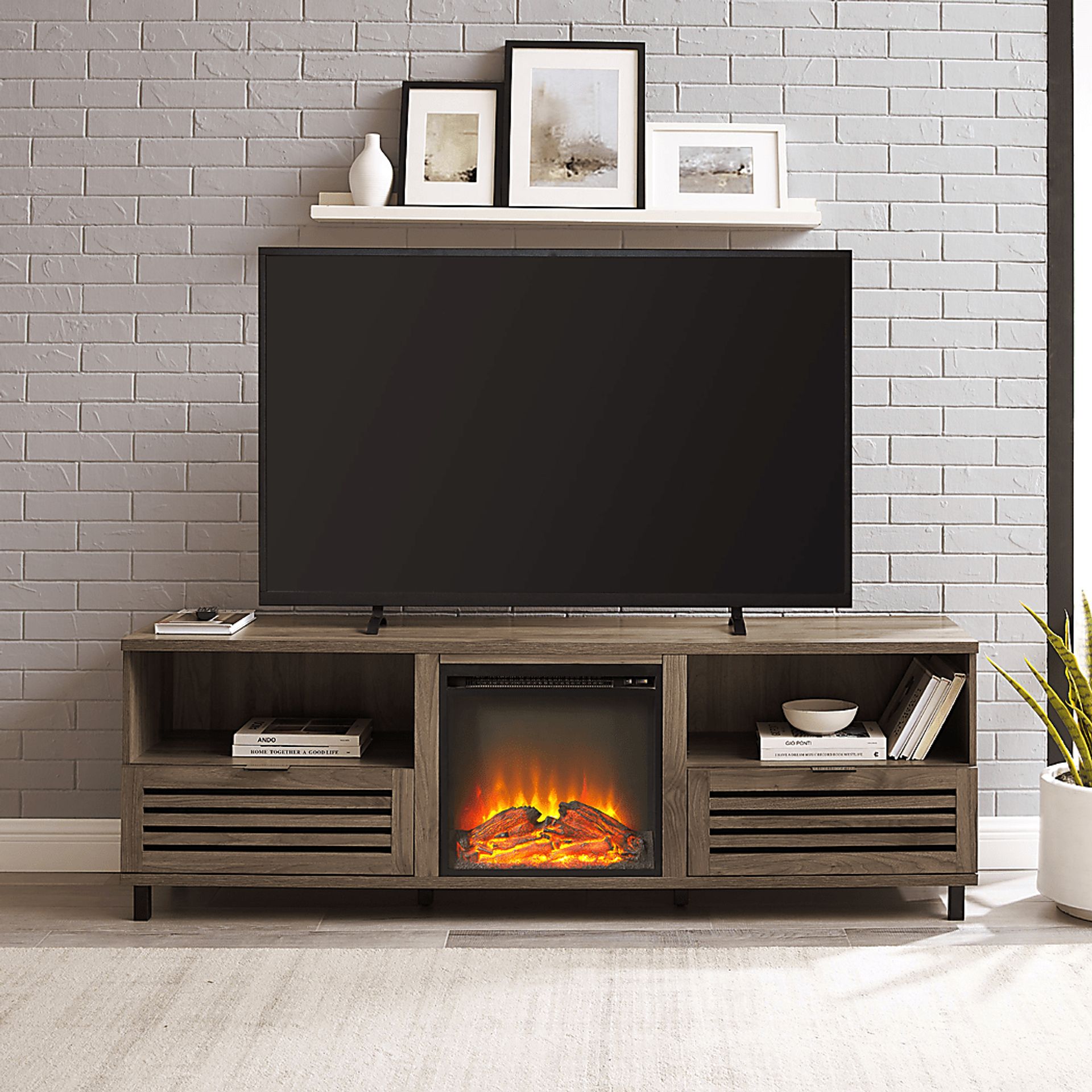 Stanfort Gray 70 in. Console, With Electric Fireplace - Image 3
