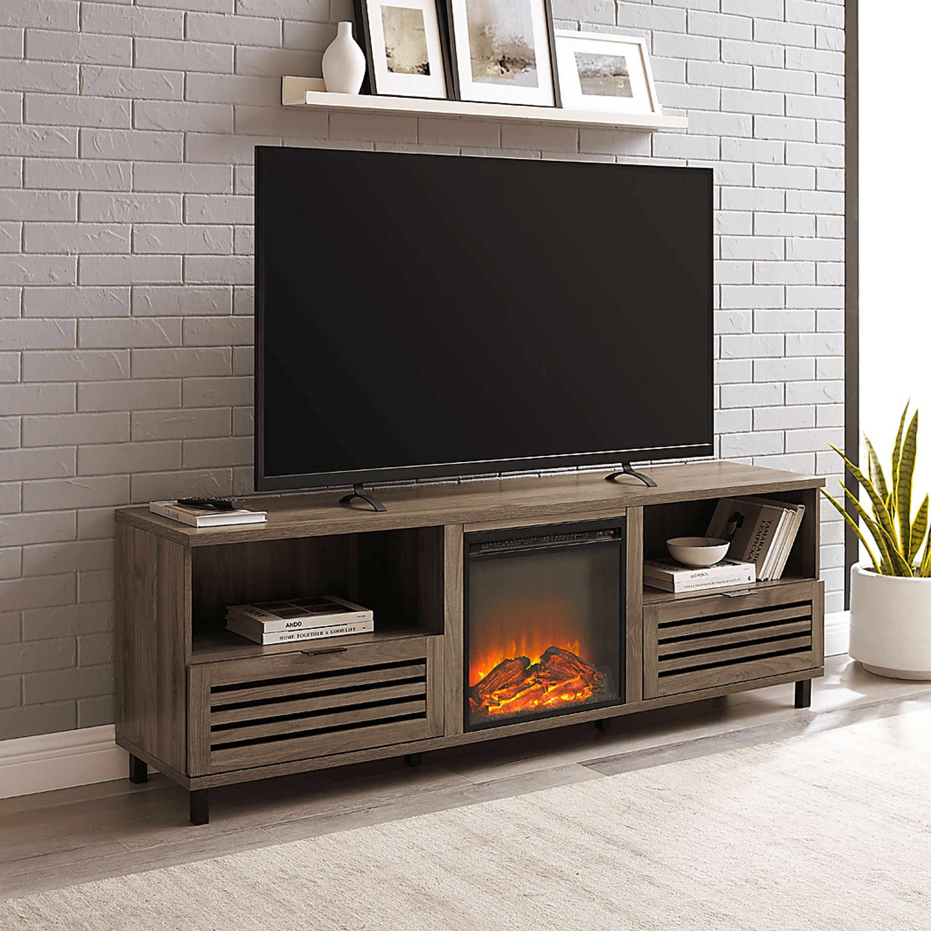 Stanfort Gray 70 in. Console, With Electric Fireplace - Image 4