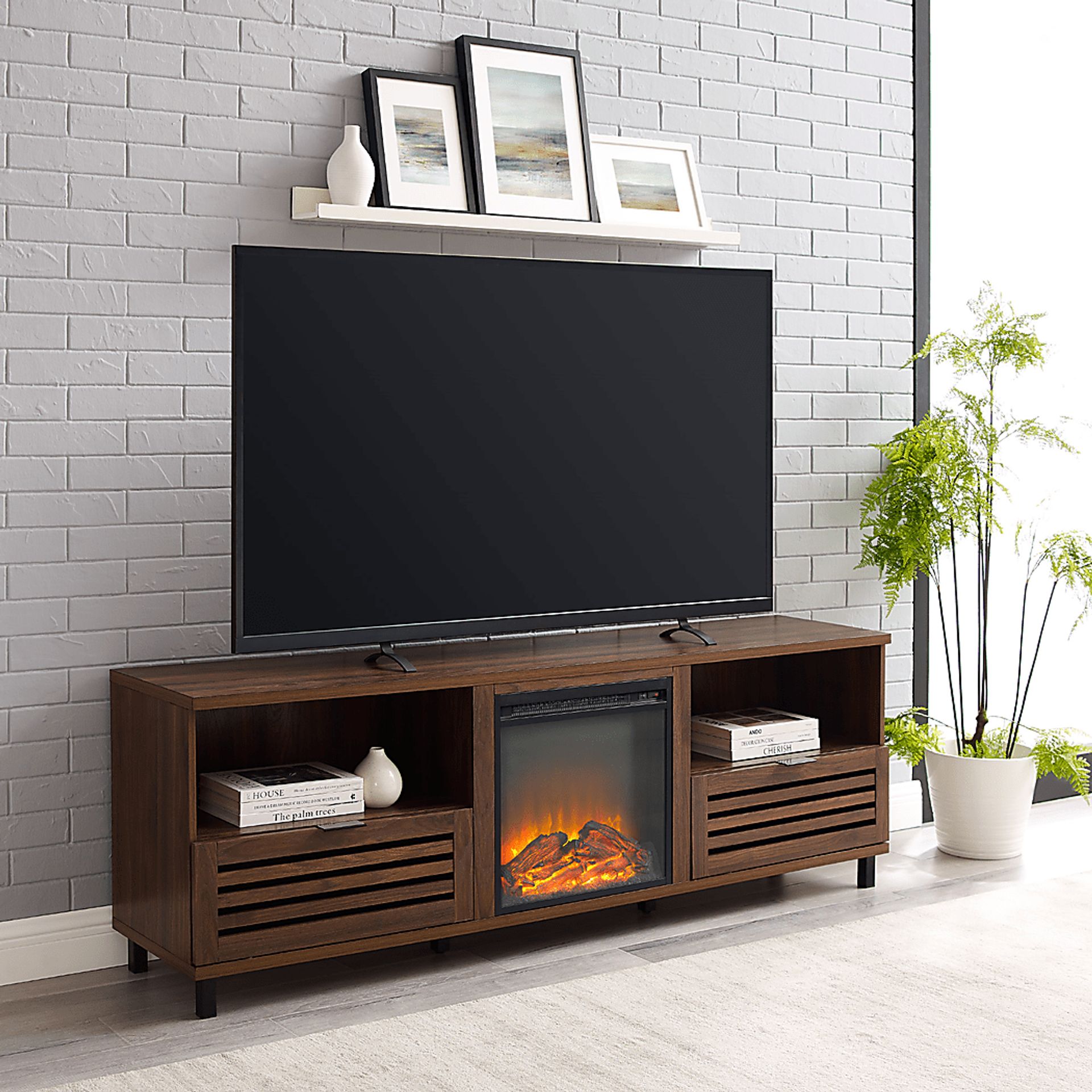 Stanfort Walnut 70 in. Console, With Electric Fireplace - Image 2