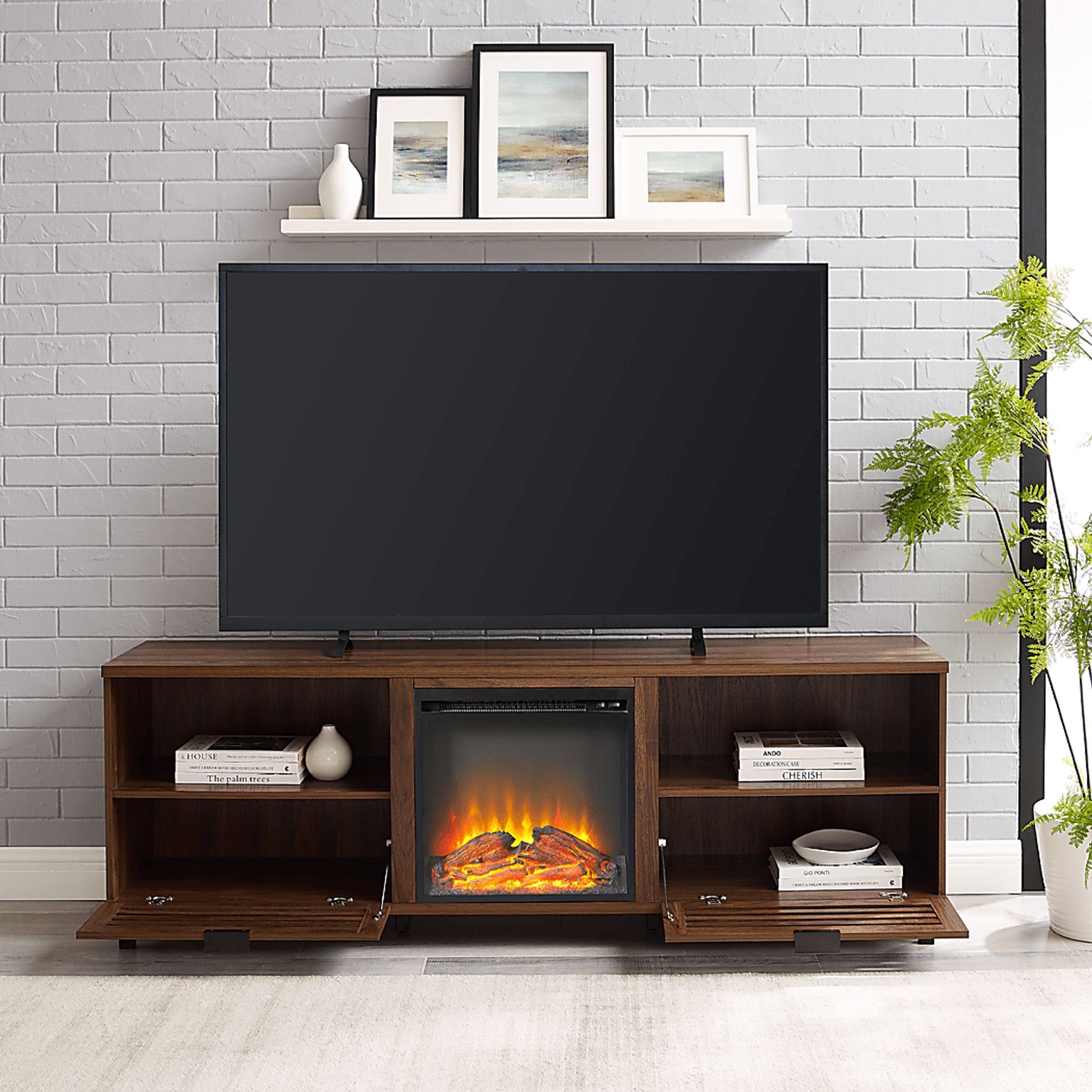 Stanfort Walnut 70 in. Console, With Electric Fireplace - Image 3
