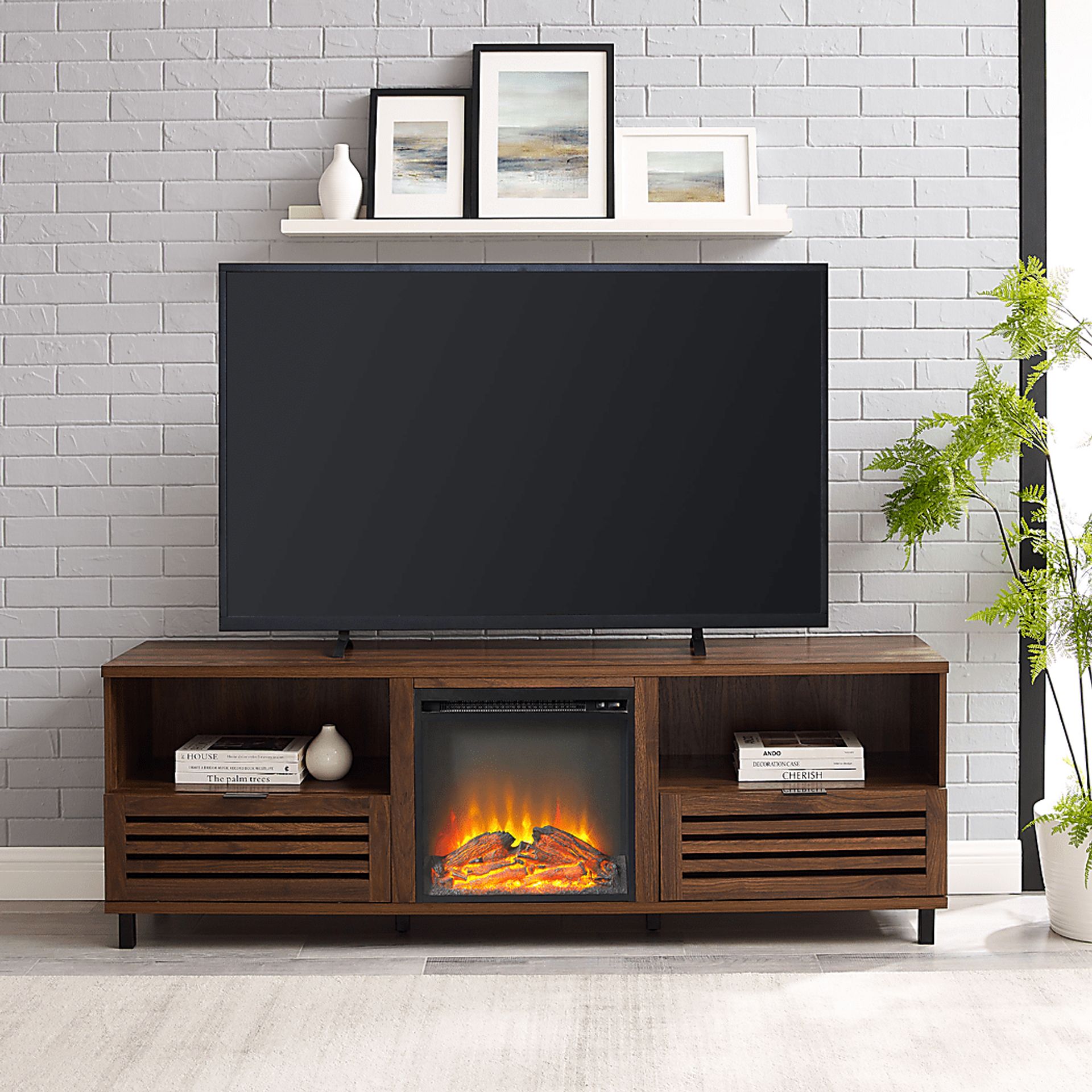 Stanfort Walnut 70 in. Console, With Electric Fireplace - Image 4