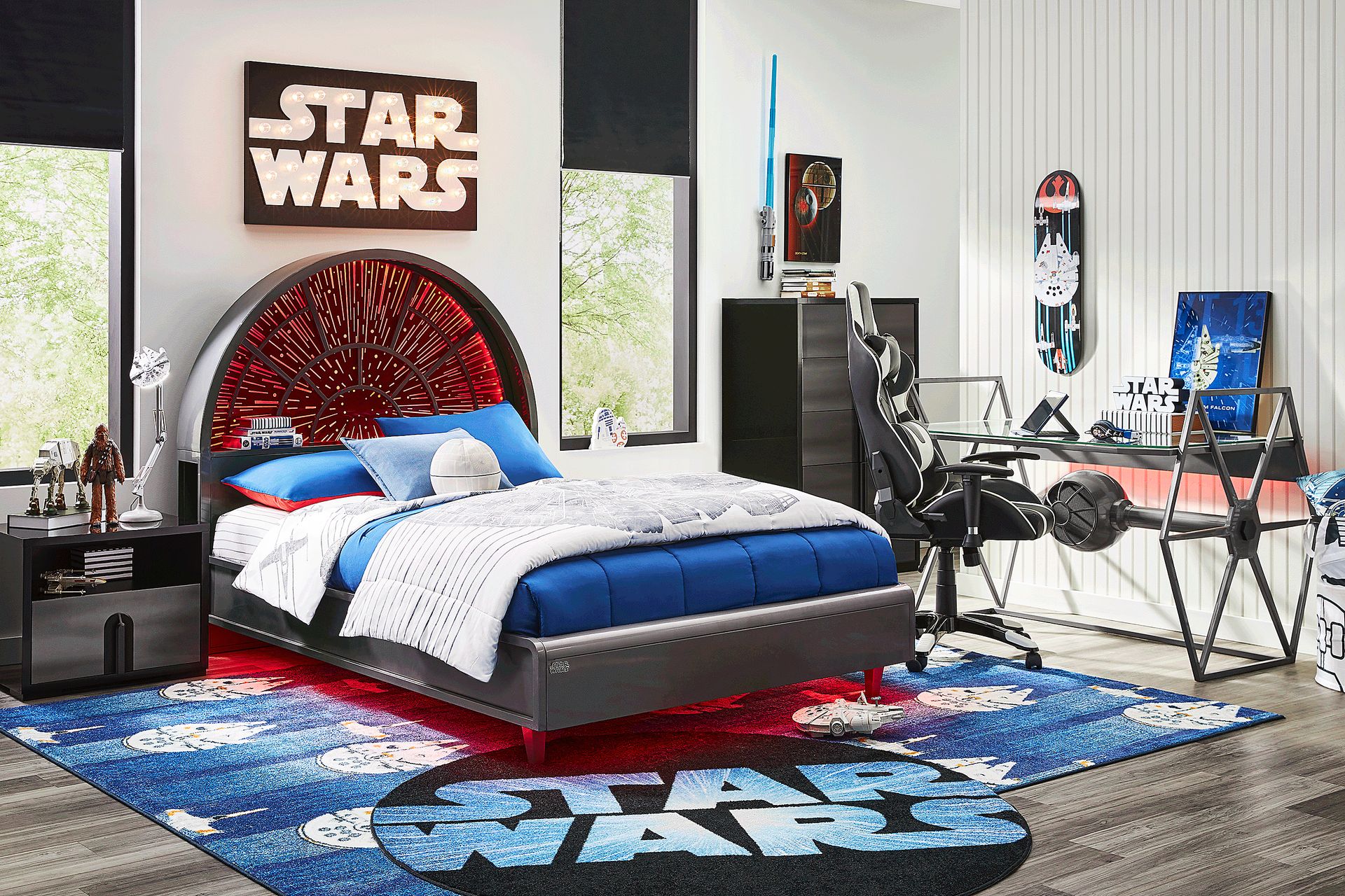 Star Wars Black Bedroom with Millennium Falcon Lightspeed Carbonite Full Platform Bed - Image 1