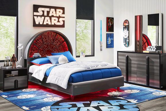 Star Wars Black Lighted Bedroom with Millennium Falcon Lightspeed Carbonite Full Platform Bed