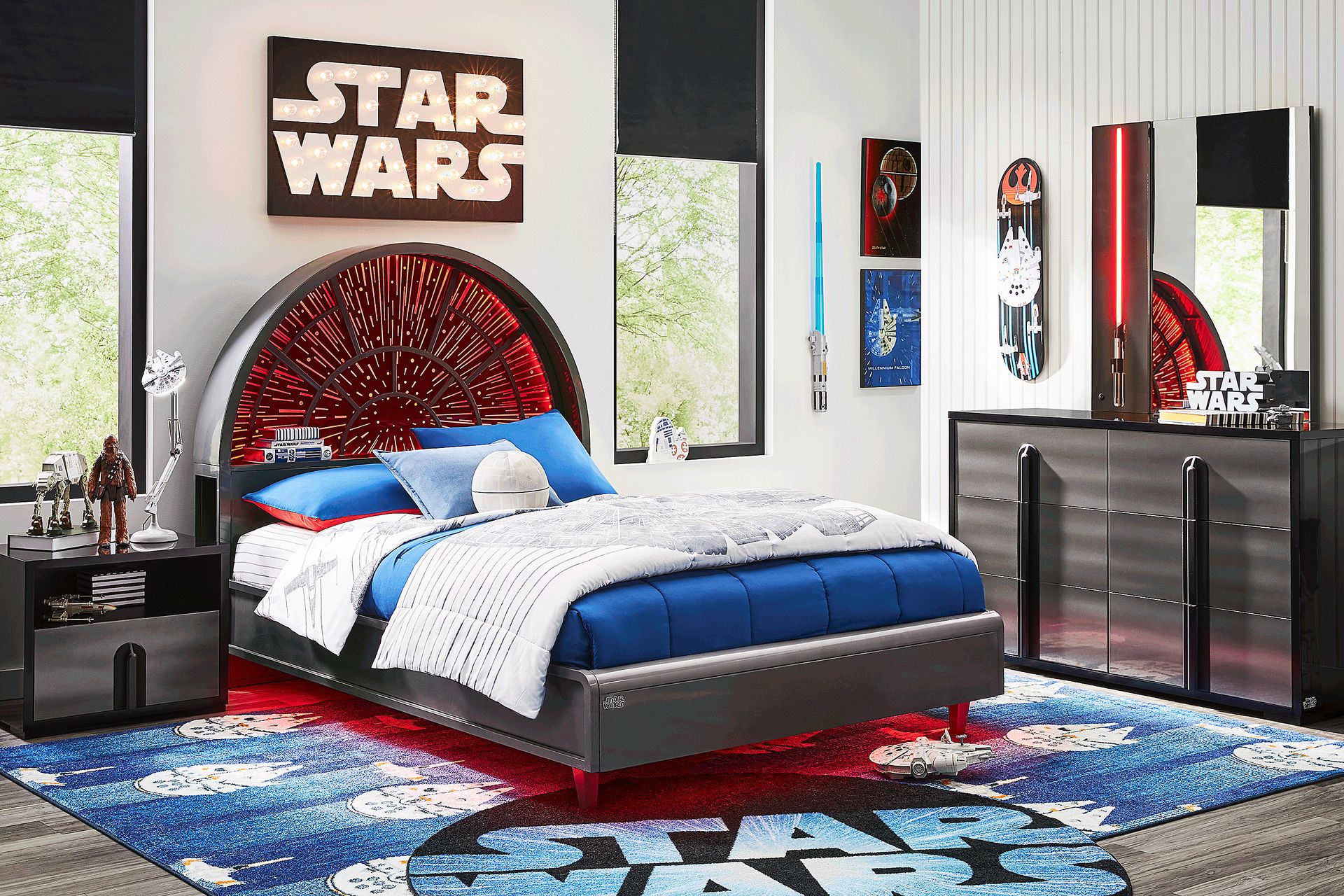 Star Wars Black Lighted Bedroom with Millennium Falcon Lightspeed Carbonite Full Platform Bed - Image 1