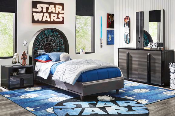 Star Wars Black Lighted Bedroom with Millennium Falcon Lightspeed Carbonite Twin Platform Bed