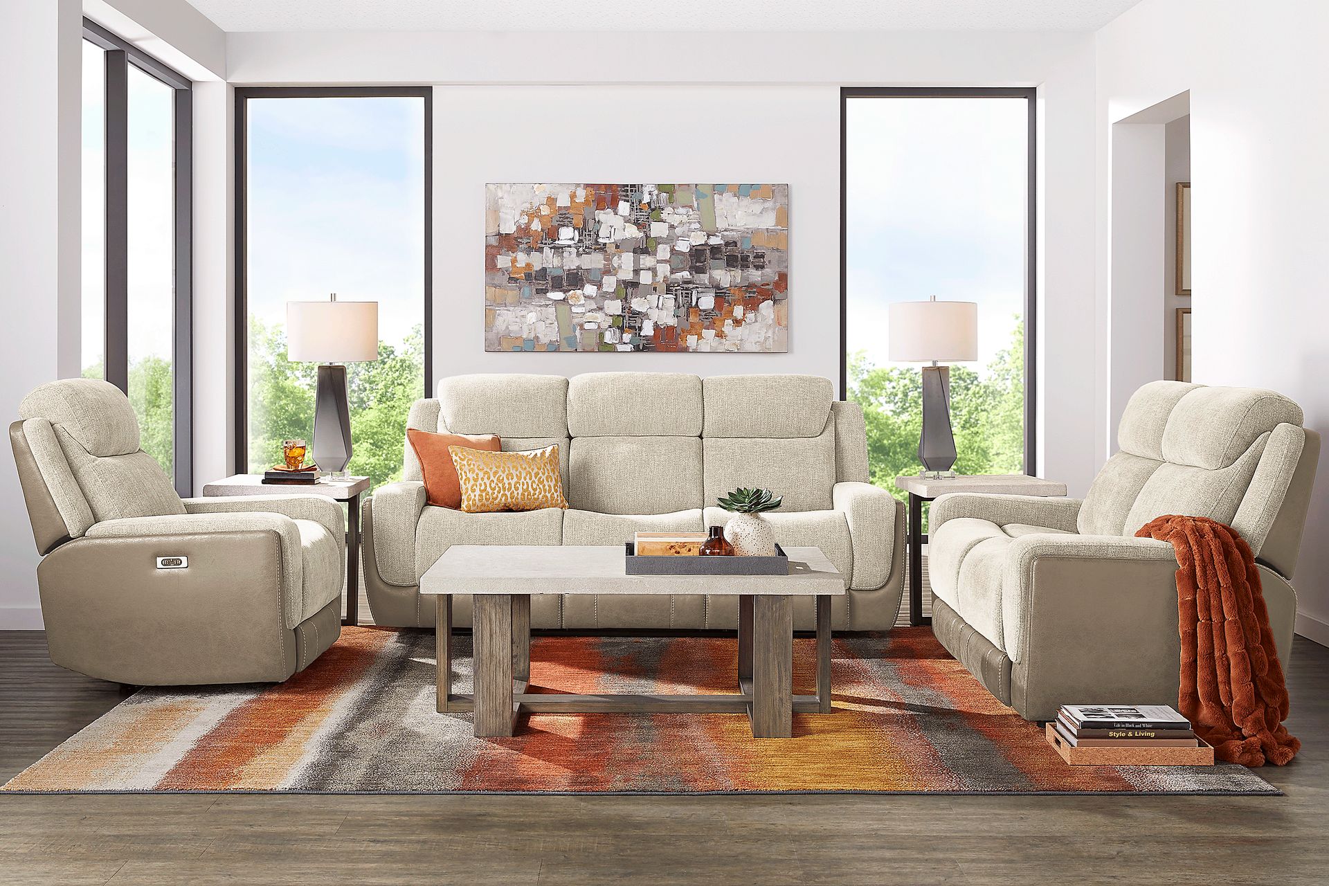 State Street Beige 8 Pc Living Room with Dual Power Reclining Sofa - Image 1