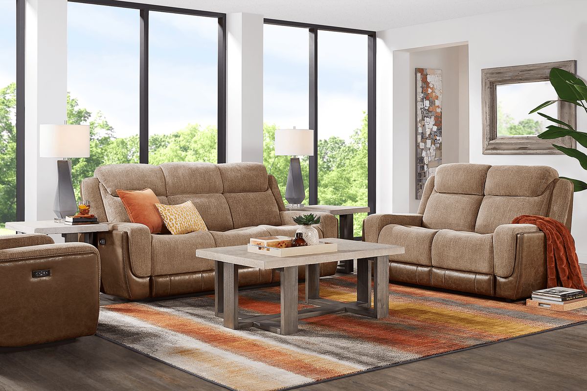 State Street 2 Pc Camel Brown Chenille Fabric Dual Power Reclining ...