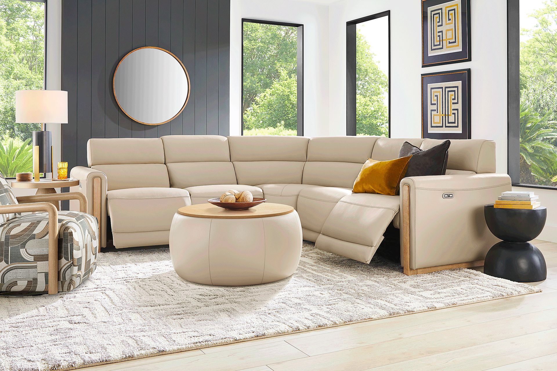 Stefano Almond Leather 5 Pc Dual Power Reclining Sectional - Image 2