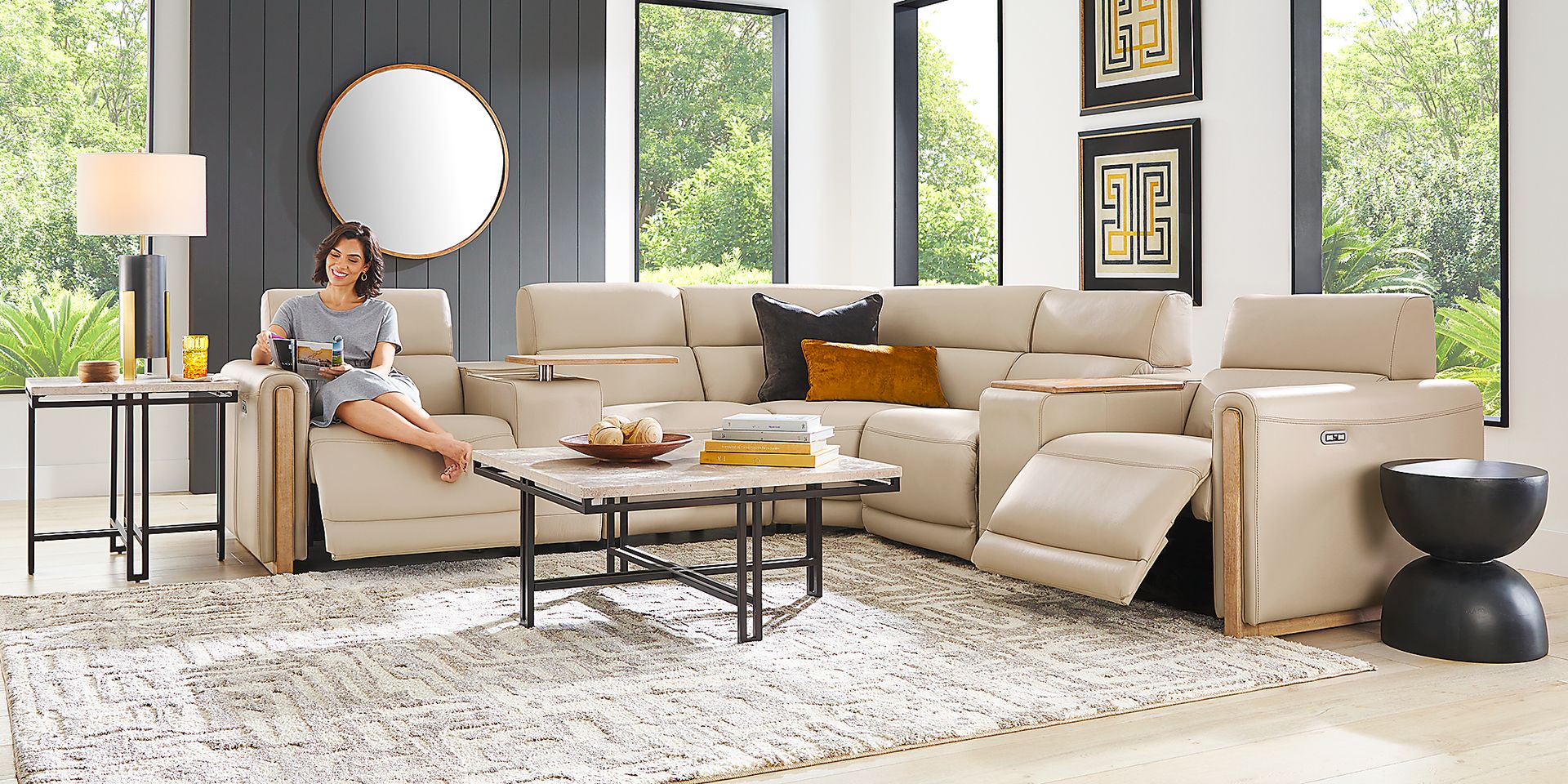 Stefano Almond Leather 7 Pc Dual Power Reclining Sectional - Image 3