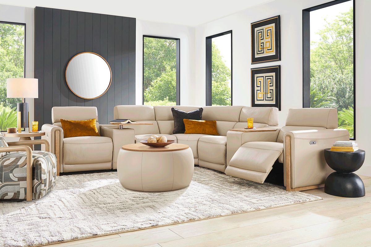 Stefano Almond Leather 7 Pc Dual Power Reclining Sectional