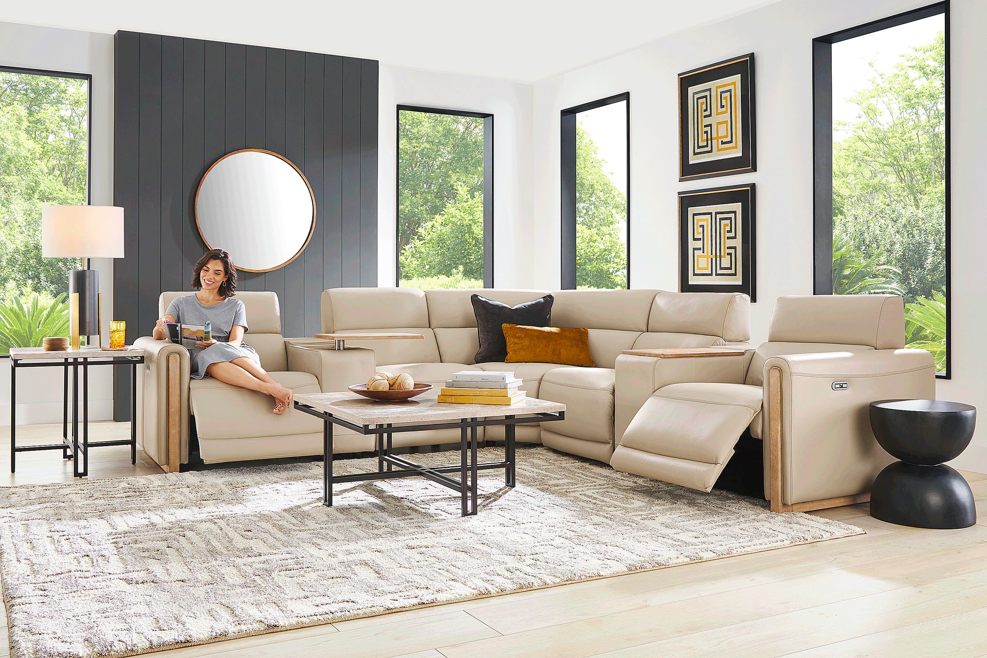 Stefano Taupe Leather 10 Pc Dual Power Reclining Sectional Living Room - Image 3